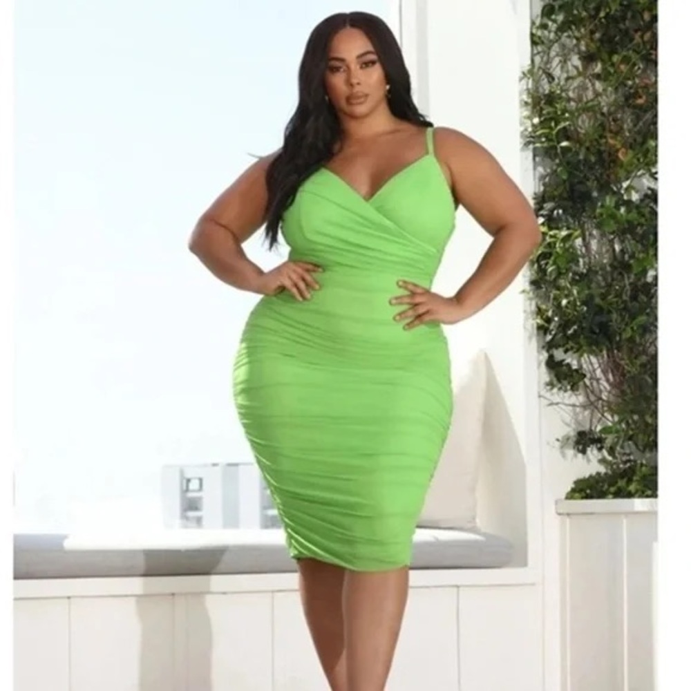 Fashion Nova Neon Lime Ruched V-Neck Midi Dress